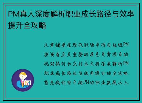 PM真人深度解析职业成长路径与效率提升全攻略
