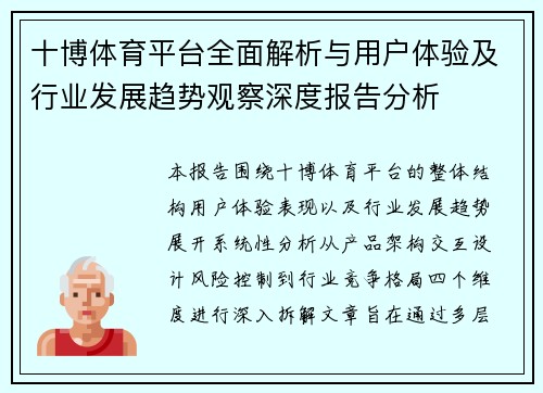 十博体育平台全面解析与用户体验及行业发展趋势观察深度报告分析 十博体育平台全面解析与用户体验及行业发展趋势观察深度报告分析